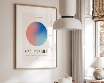 May include: A framed poster with a gradient circle in shades of pink and blue. The poster features the zodiac sign Sagittarius with the dates November 22 - December 21 and the words "Optimistic, Philosophical, Honest, Self-Assured".