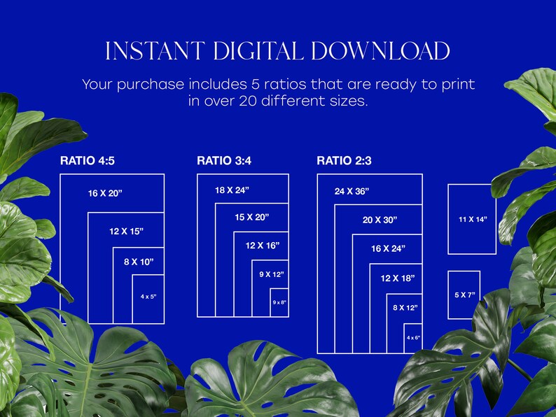 May include: A digital download graphic showing five different aspect ratios for printing images. The ratios are 4:5, 3:4, and 2:3. Each ratio is shown with a series of different sizes in inches. The text "INSTANT DIGITAL DOWNLOAD" is at the top of the graphic. The text "Your purchase includes 5 ratios that are ready to print in over 20 different sizes." is below the title.