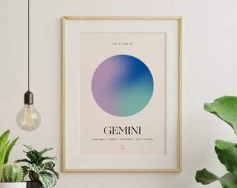 May include: A framed print with a light pink, blue, and green gradient circle in the center. The text "GEMINI" is below the circle, with the dates "MAY 21 - JUNE 20" above the circle. The text "ADAPTABLE, CURIOUS, EXPRESSIVE, DUAL-NATURED" is below the word "GEMINI". The astrological symbol for Gemini is below the text.