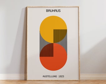May include: A minimalist poster with the text "BAUHAUS AUSSTELLUNG 1923" and a geometric design featuring overlapping circles in yellow, orange, and brown with black lines.