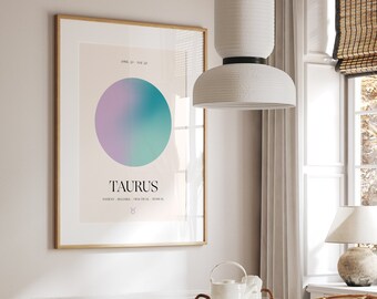 May include: A framed print with a light pink and teal gradient circle and the text "Taurus" in black. The text "Patient, Reliable, Practical, Sensual" is below the circle, and the Taurus zodiac symbol is below the text.