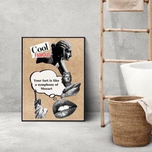 May include: A black and white collage with the text "Cool Famous" and the phrase "Your fart is like a symphony of Mozart". The collage features a sculpture of a woman's head, a sculpture of a man's head, a sculpture of the Statue of Liberty, and a pair of lips.