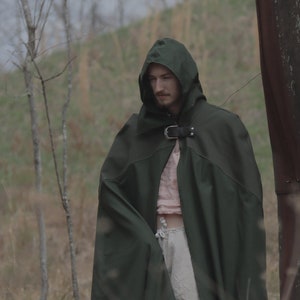 Capa de aventurero de lona verde: capa con capucha de algodón verde bosque
