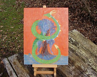 Draak bewaken boom origineel schilderij, fantasykunst, wanddecoratie mythisch wezen