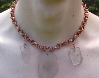 Koperen ketting, zeeglasornamenten, rustieke ketting