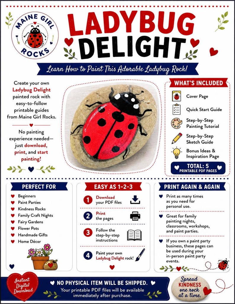 K&ouml;nnte beinhalten: Ein digitaler Flyer f&uuml;r Ladybug Delight, eine druckbare Anleitung zum Bemalen eines Steins als Marienk&auml;fer. Der Flyer enth&auml;lt ein zentrales Bild eines bemalten Marienk&auml;fer-Steins sowie Textabschnitte mit Inhalten und Anleitungen.