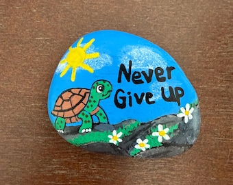 Never Give Up Turtle Painted Rock – Inspirational Hand Painted Stone
