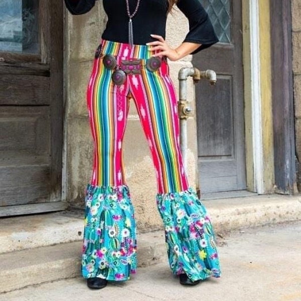 Fuchsia Aztec serape and jade floral cactus pants with flare ruffle hem, Womens Bell Bottoms