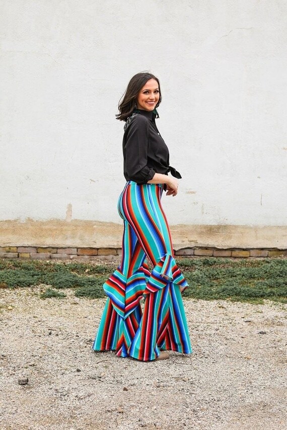 Womens Turquoise serape stretchy flare pants w/ Ruffle