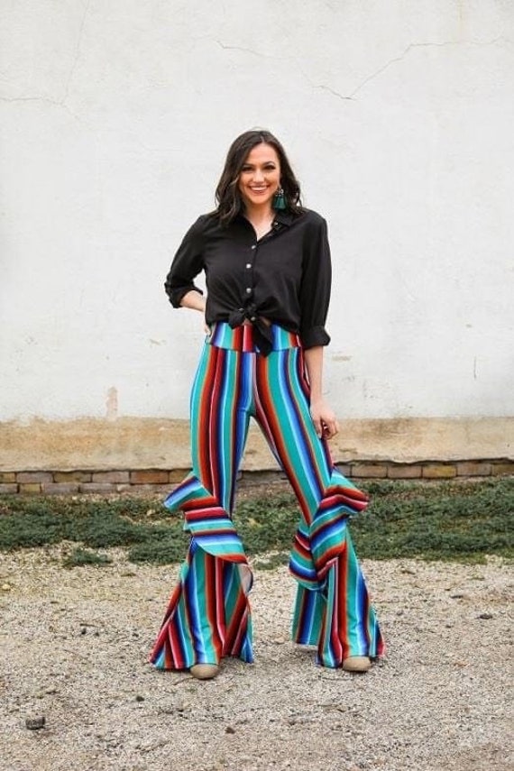 Womens Turquoise serape stretchy flare pants w/ Ruffle