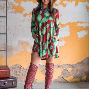 Womens Rust green cactus long sleeve dresses with elbow camel suede patch