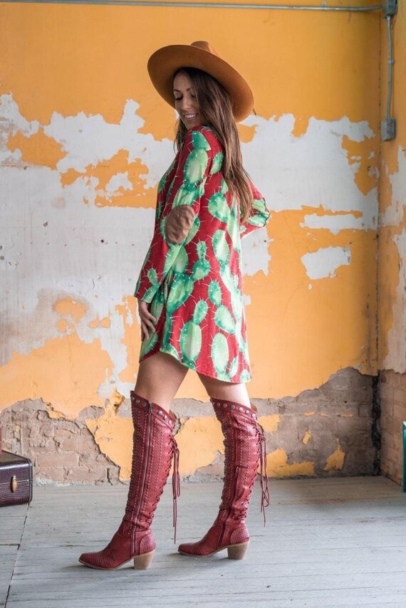 Womens Rust green cactus long sleeve dresses with elbow camel suede patch