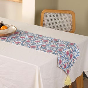 Floral Block Print Table Runner with Tassels – Pink & Blue Handcrafted Cotton Table Decor | Boho Dining Table Accent | Indian Style Runner