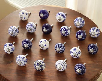 Blue & White Ceramic Knobs (Set of 20) - Hand-Painted Floral Cabinet Hardware