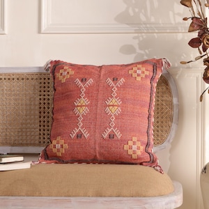 Handwoven Sabra Pillow Cover | 50x50 cm Moroccan Cotton Cushion | Boho Tribal Throw Pillow | Rust Orange Decorative Cushion Cover