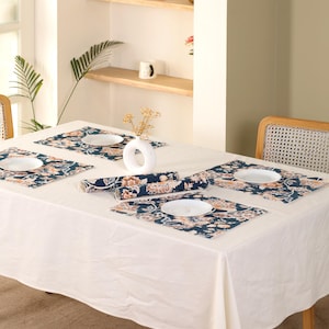 Floral Cotton Placemats Set | 13x18 Inch Table Mats | Navy Blue Botanical Dining Table Decor | Reusable Fabric Placemats