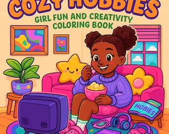 May include: A cartoon illustration of a girl enjoying a cozy hobby. She is sitting on a pink couch, eating popcorn, and watching TV. The image includes the text "COZY HOBBIES GIRL FUN AND CREATIVITY COLORING BOOK". Other items include a coloring book, headphones, and a plant.