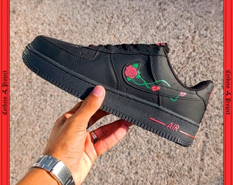 Custom Air Force 1 Sneaker: Triple Black and Red with Blossom and Rose Design - Hand Painted Unique AF1 Shoes