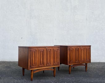Pair of Broyhill Sculptra Brutalist Mid Century Walnut Commode Nightstands or Side Tables