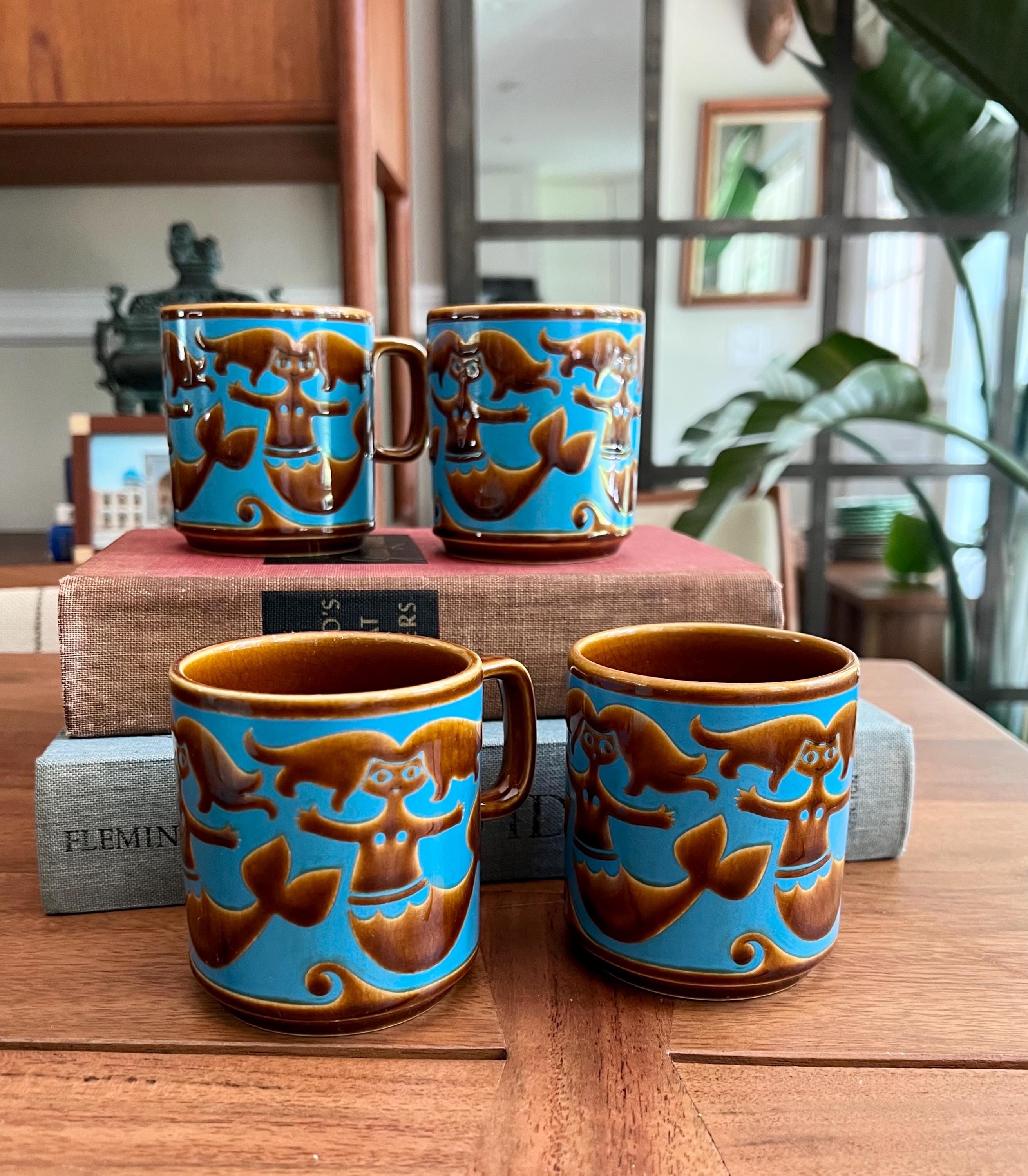 Set of Four MCM 1973 Hornsea Pottery Brown & Blue Mermaid Mugs