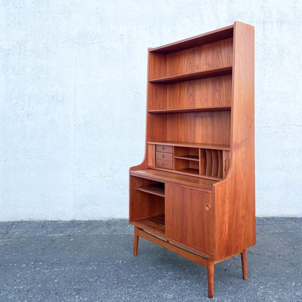 Danish Modern Teak Secretary Desk Bookcase with Tambour Cabinet