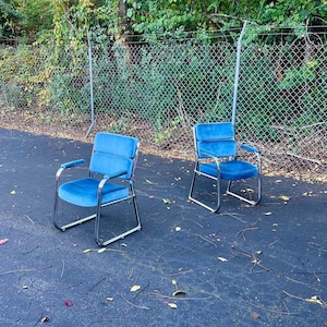Pair of Mid Century Modern Blue Velvet Chrome Cantilever Chairs