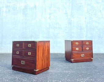 Vintage Mt. Airy Campaign Style Walnut Nighstands -  Pair