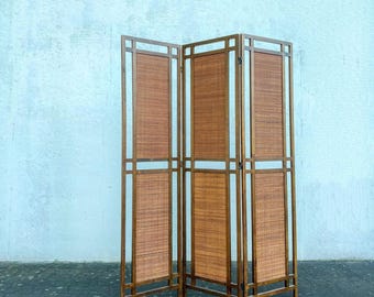 Mid Century Modern Rattan & Walnut Room Divider