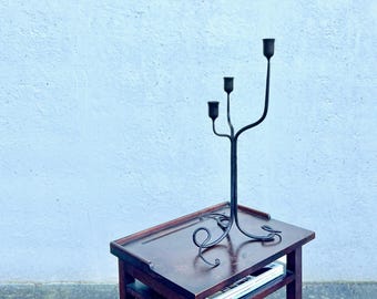 Hand-Forged Wrought Iron Candelabra, Artist Signed, Studio Craft Ironwork Sculpture