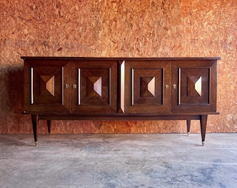 Vintage Mid Century French Brutalist Oak Credenza, Geometric Paneled Sideboard Cabinet