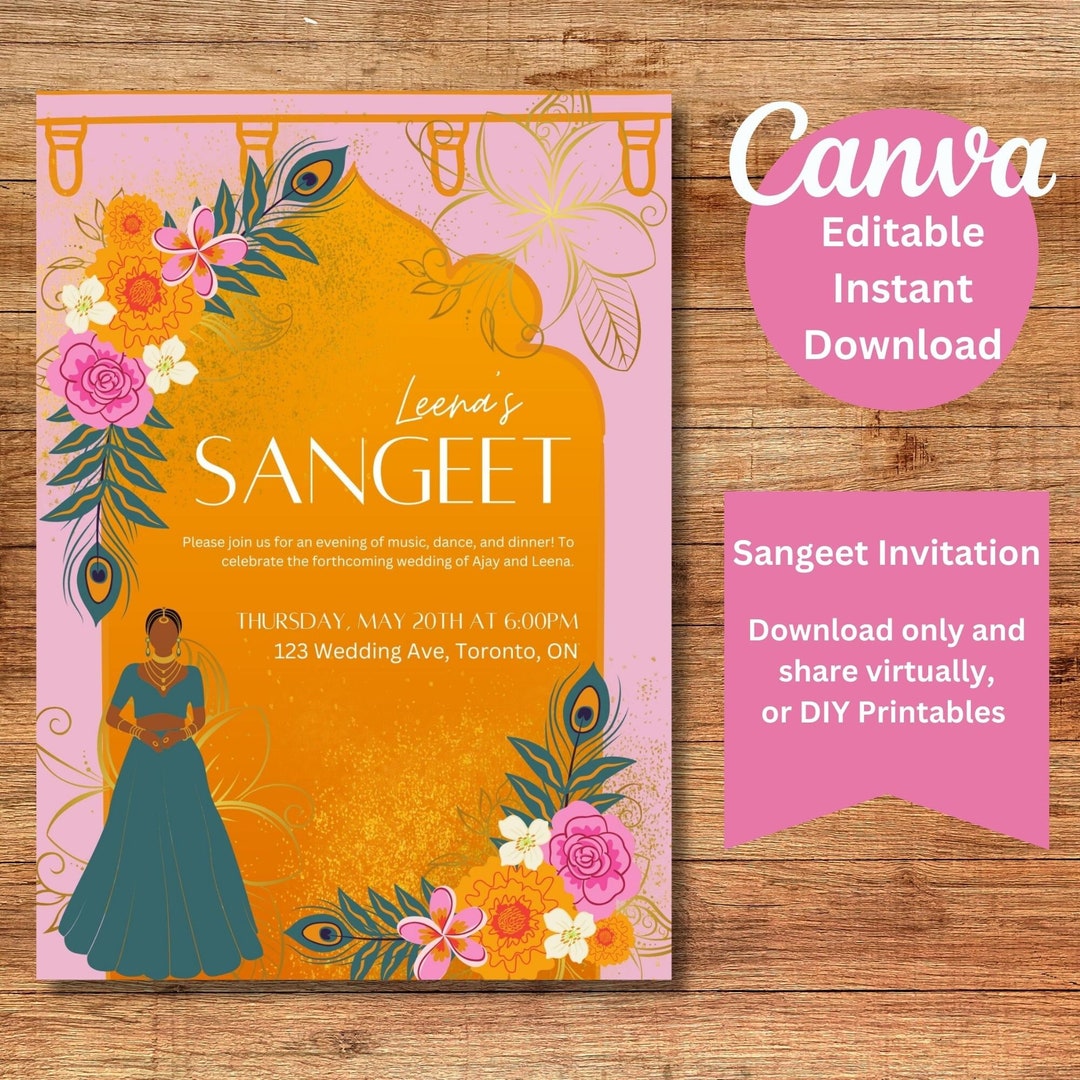 Sangeet Invitation Downloadable Template Marigold and Pink Etsy
