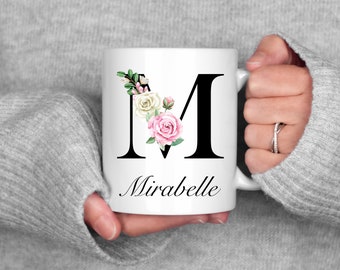 Custom Name Mug, Initial Letter Mugs, Monogram Mug, Floral Alphabet Cup, Personalized Mug, Gift For Mom, Gift For Daughter