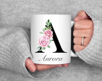 Custom Name Mug, Initial Letter Mugs, Monogram Mug, Floral Alphabet Cup, Personalized Mug, Gift For Mom, Gift For Daughter