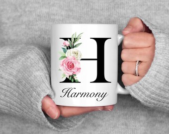 Custom Name Mug, Initial Letter Mugs, Monogram Mug, Floral Alphabet Cup, Personalized Mug, Gift For Mom, Gift For Daughter