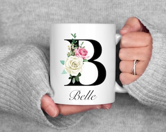 Custom Name Mug, Initial Letter Mugs, Monogram Mug, Floral Alphabet Cup, Personalized Mug, Gift For Mom, Gift For Daughter