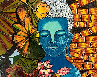 May include: A blue Buddha with closed eyes surrounded by colorful lotus flowers and leaves. The Buddha's head is adorned with white dots and the background features a pattern of orange and brown stripes.