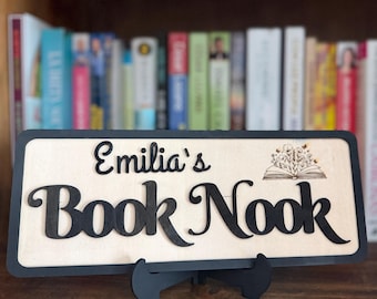 Personalized Book Nook Wooden Sign Custom Name Reading Corner Library Decor Bookshelf Display Standalone Design Reader Gift Bookworm