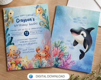 May include: A rectangular birthday invitation card featuring watercolor sea creatures including a turtle, seahorse, octopus, starfish, and crab, with text reading Grayson's birthday bash. A second card shows an orca whale swimming near coral reefs.