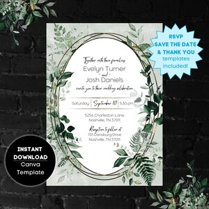 May include: A wedding invitation with a green and gold floral design. The invitation features the names Evelyn Turner and Josh Daniels, the date September 10, and the time 5:30 pm. The invitation also includes the address for the ceremony and reception.
