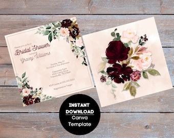 May include: A printable bridal shower invitation template with a watercolor floral design featuring burgundy and blush pink flowers. The text on the invitation reads "Please join us for a Bridal Shower honoring Gracey Williams".