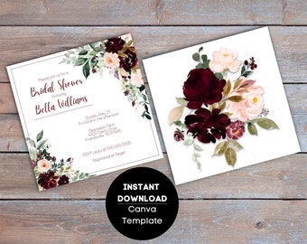 May include: A printable bridal shower invitation template with a burgundy and blush floral design. The text reads "Please join us for a Bridal Shower honoring Bella Williams".