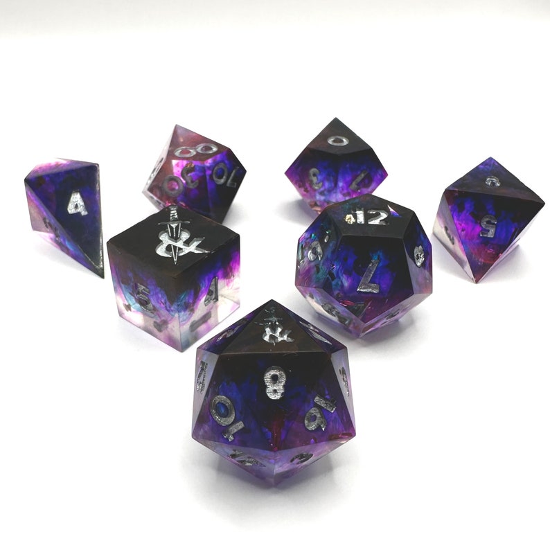 New 7 Piece Polyhedral Blend Pink Blue Dice Set With Dice Bag D&D RPG