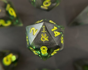 RAISE DEAD - 7 Piece Polyhedral Sharp Edge Resin Dice Set For Tabletop Gaming