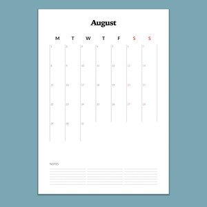 May include: A blank monthly calendar for August with a simple design. The calendar is divided into seven columns for each day of the week, with the days of the week labelled at the top. The calendar has a section at the bottom for notes.