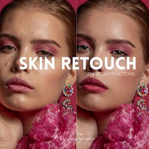 May include: A split-screen image showcasing before-and-after skin retouching. The left side displays skin imperfections, while the right side presents a flawless complexion. The text "SKIN RETOUCH" and "PHOTOSHOP ACTIONS" are prominently displayed.