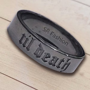 6mm Wide Til Death Engraved Black Rhodium Band Ring, Promise Band Ring, Gift for Her, Christmas Gift, Valentine Gift - 925 Sterling Silver