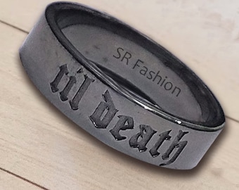 6mm Wide Til Death Engraved Black Rhodium Band Ring, Promise Band Ring, Gift for Her, Christmas Gift, Valentine Gift - 925 Sterling Silver