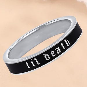 4mm Wide Til Death Black Enamel Band Ring, Personalized Gift, Anniversary & Wedding Ring, Promise Ring, Stacking Band - 925 Sterling Silver