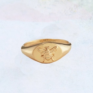 Pierścień sygnetowy Honey Bee, pierścień z pszczołą, delikatny pierścień, pierścień sygnetowy, pierścień minimalistyczny, prezent dla niej/niego, pierścień sygnetowy Queen Bee - srebro próby 925
