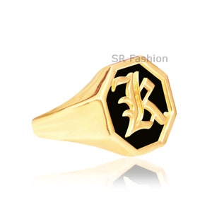 Gepersonaliseerde initiële Signet Ring Octagon Custom Signet Ring Zwart Emaille Ring Oud Engelse Ring Beginletter Ring 925 Zilver afbeelding 3